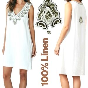 100% Linen BellaTu Dress White Gold/Beads Embellished Full Lining Shift